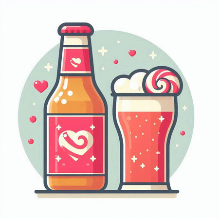 Illustration of two bottles of beer with hearts on a white backgroundのイラスト素材