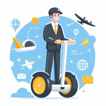 Businessman on electric kick scooter. Vector illustration in flat styleのイラスト素材
