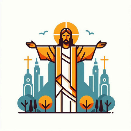 Jesus Christ on the cross in the city. Vector illustration in flat styleのイラスト素材
