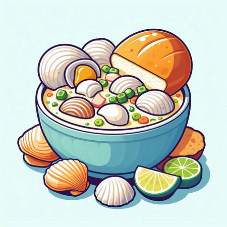 Illustration of a bowl of chinese soup with clams and vegetablesのイラスト素材