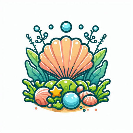 Cute cartoon seashell on the beach. Vector illustration isolated on white background.のイラスト素材