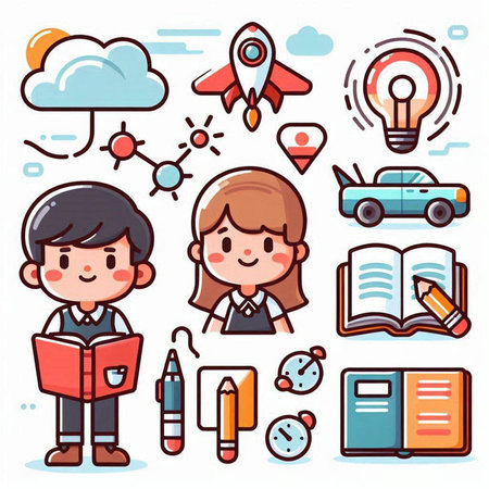 Set of school boy and girl characters with education icons. Vector illustrationのイラスト素材