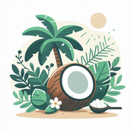 Coconut and palm tree on the beach. Vector illustration.のイラスト素材