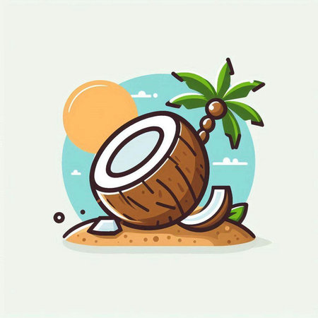 Coconut fruit on the beach. Vector illustration. Flat style.のイラスト素材
