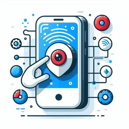 Smartphone with eye on display. Vector illustration in flat style.のイラスト素材