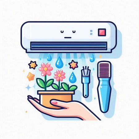 Air conditioner with houseplants in hand, flat vector illustration.のイラスト素材