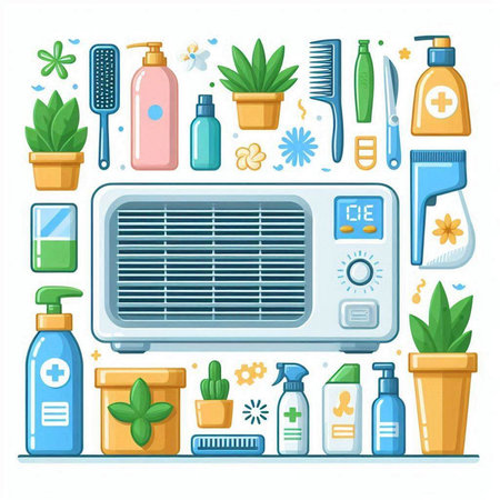 Air conditioner and accessories. Vector illustration in flat cartoon style.のイラスト素材
