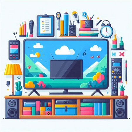Living room interior with TV set, bookshelf, computer and office supplies. Vector illustrationのイラスト素材