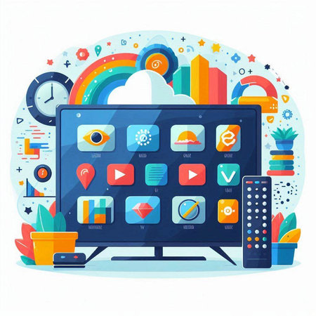 Vector illustration of flat design concept of cloud computing, social media, multimedia, multimedia and entertainment.のイラスト素材