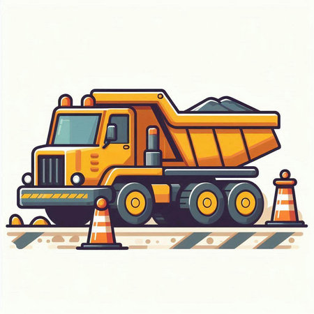 Yellow dump truck on the road. Construction equipment. Vector illustration.のイラスト素材
