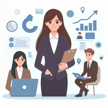 Businesswoman and business people in office. Vector illustration in flat styleのイラスト素材