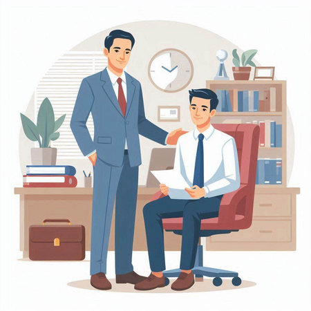 Job interview. Two men in business suits sitting in an office chair. Vector illustration.のイラスト素材