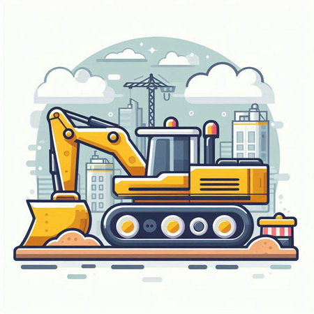 Vector illustration of heavy construction equipment in flat design style. Excavator working on the construction site.のイラスト素材