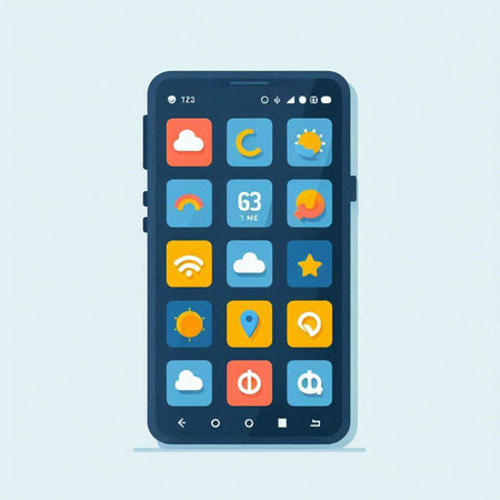 Smartphone with different app icons. Vector illustration in flat style.のイラスト素材