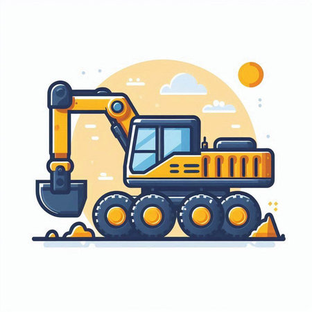 Excavator flat color vector icon. Construction machinery, heavy machinery, digger isolated cartoon illustrationのイラスト素材