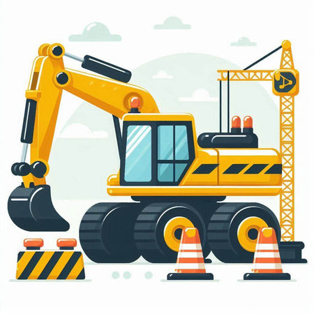 Construction machinery. Excavator in flat style. Vector illustration.のイラスト素材