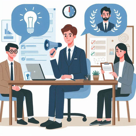 Business people working in office vector illustration. Teamwork, brainstorming conceptのイラスト素材