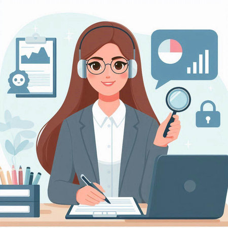 Call center operator with headset and laptop in office. Vector illustration.のイラスト素材