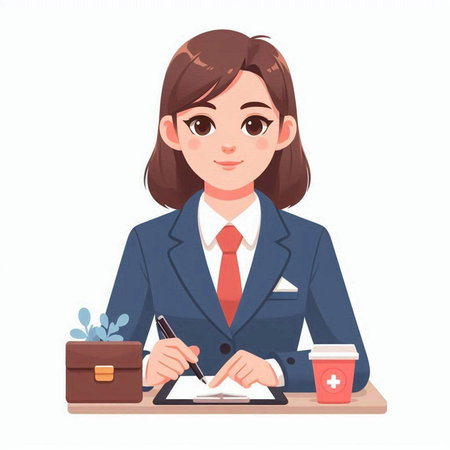 Businesswoman working at office desk. Vector illustration in cartoon style.のイラスト素材