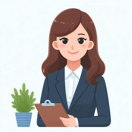 Business woman with clipboard and plant. Vector illustration in a flat style.のイラスト素材