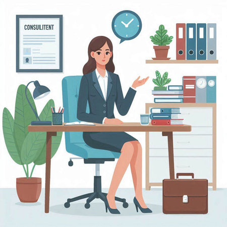 Businesswoman sitting at the desk in office and talking. Vector illustrationのイラスト素材