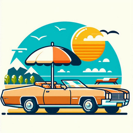 Retro car on the beach. Summer vacation. Vector illustration.のイラスト素材