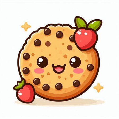 Cute chocolate chip cookie character with cherries. Vector illustration.のイラスト素材
