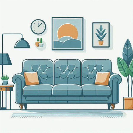 Interior of living room with sofa and plants. Vector illustration.のイラスト素材