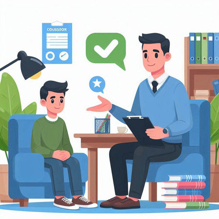 Psychotherapist and patient in office. Vector illustration in flat styleのイラスト素材