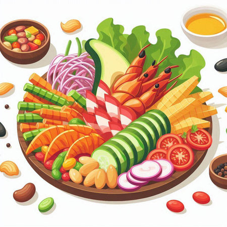 Illustration of a plate of fresh vegetables and seafood on a white backgroundのイラスト素材