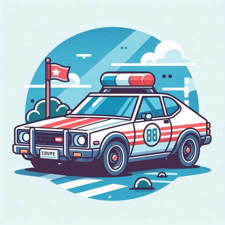 Police car on the road. Vector illustration in cartoon style. Flat design.のイラスト素材