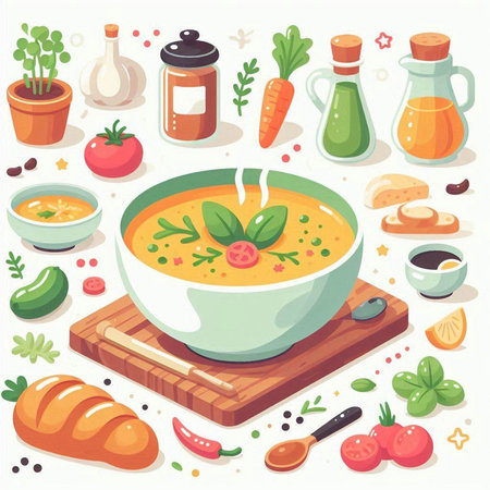 Bowl of soup with ingredients. Vector illustration in cartoon style.のイラスト素材