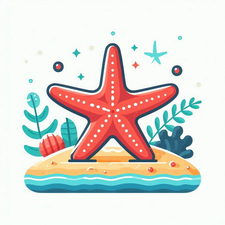 Starfish on a tropical island. Vector illustration in flat style.のイラスト素材