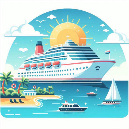 Cruise ship on the beach in the sun. Vector illustration.のイラスト素材