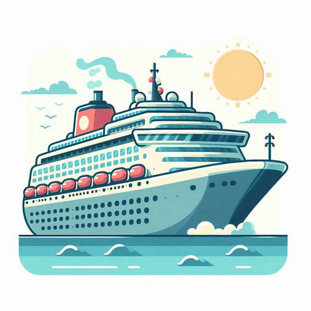 Cruise ship on the sea. Vector illustration in flat style.のイラスト素材