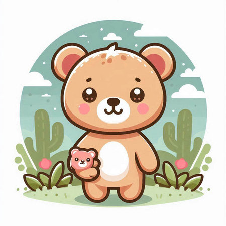 Cute cartoon bear with a flower in his hand. Vector illustration.のイラスト素材