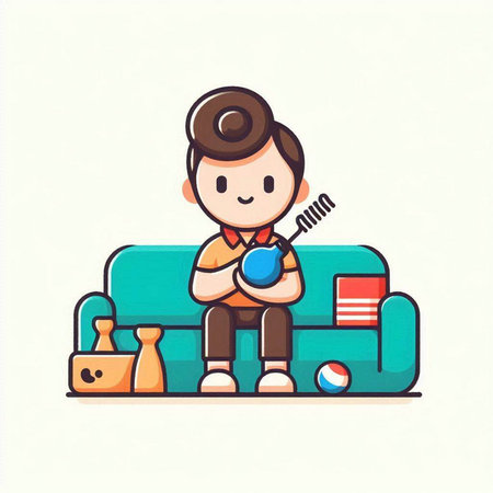Cartoon character of a little boy playing on the sofa, vector illustrationのイラスト素材