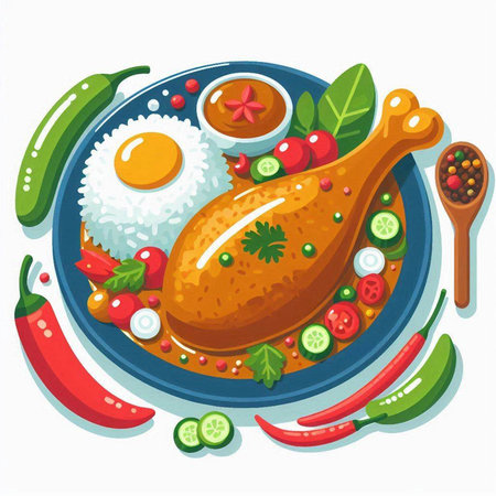 Chicken leg with rice and vegetables on a plate. Vector illustration.のイラスト素材
