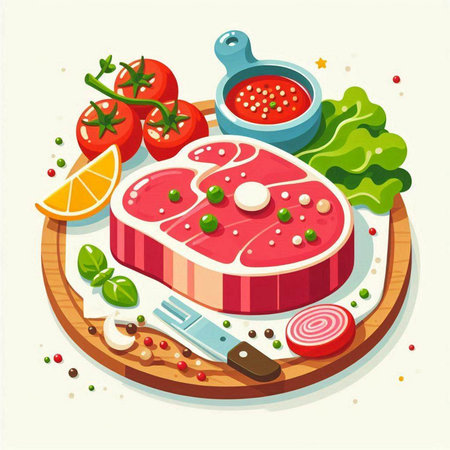 Raw pork steak with vegetables and spices on cutting board. Vector illustrationのイラスト素材