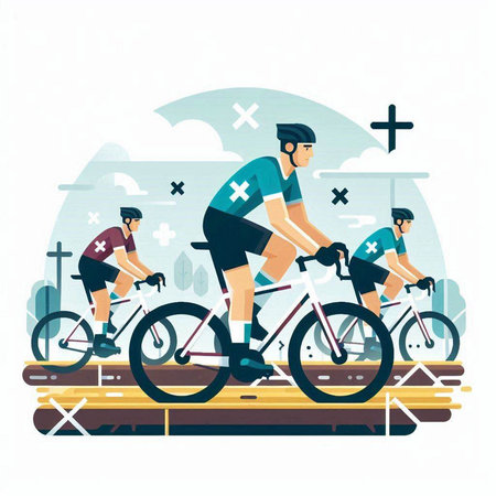 Cyclists on the road. Vector illustration in flat style.のイラスト素材