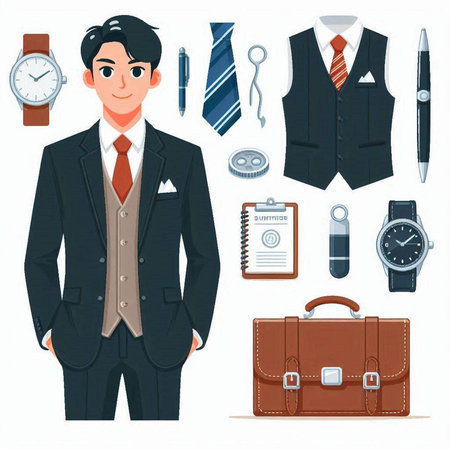 Vector illustration of a young man in a business suit with a briefcase and accessories.のイラスト素材