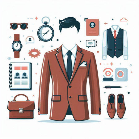 Vector illustration of business man in a suit with briefcase and accessories.のイラスト素材