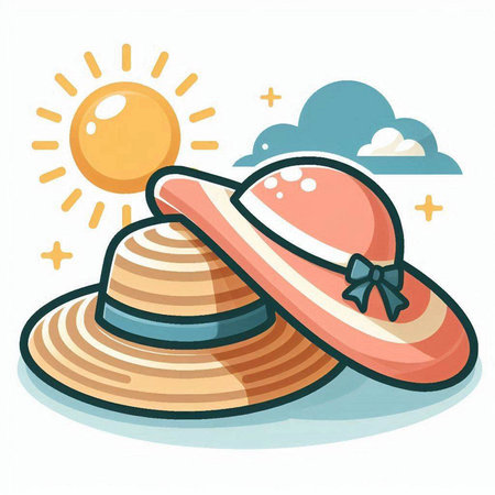 Beach hat and sun on white background. Vector illustration in cartoon style.のイラスト素材