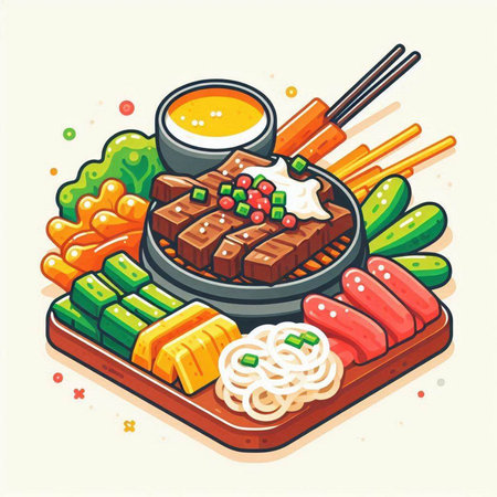 Illustration of Japanese cuisine. Sushi with vegetables and sauce.のイラスト素材