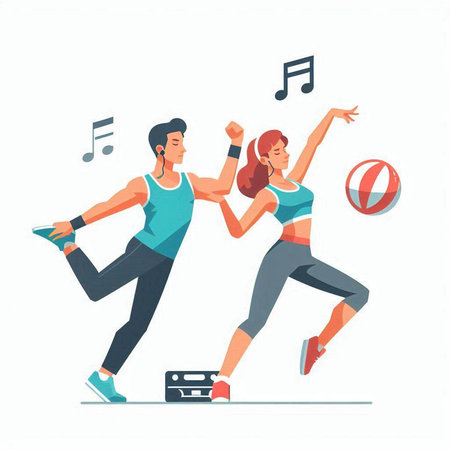 Couple in sportswear dancing together. Flat vector illustration.のイラスト素材