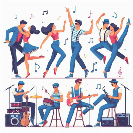 Musical instruments flat vector illustrations set. Musician, guitarist, singer, drummer, violinist, violinist, saxophonistcas, bassist, electric guitar, accordion, trumpet.のイラスト素材
