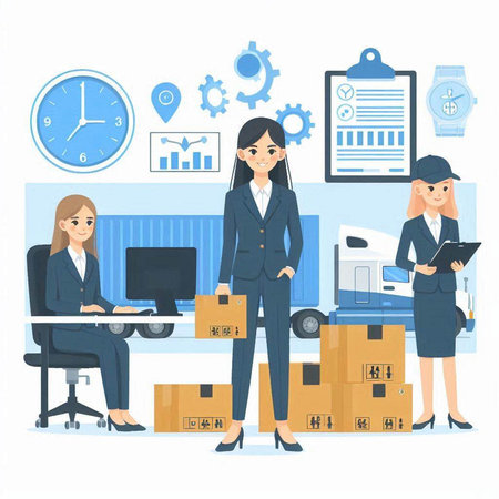 Vector illustration of a businesswoman standing in the office with boxes.のイラスト素材