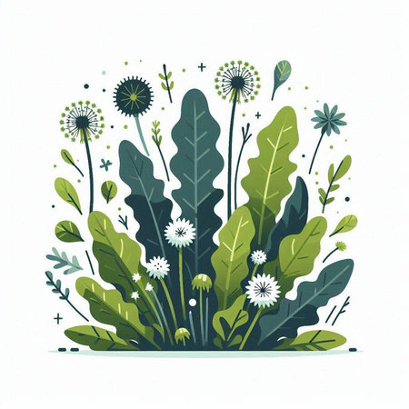 Floral background with grass, flowers and plants. Vector illustration.のイラスト素材