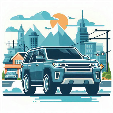 Vector illustration of a car on the background of the city and mountains.のイラスト素材