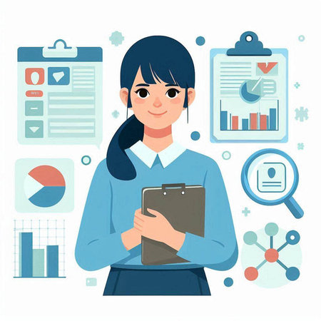 Vector illustration of a business woman with documents and charts. Business concept.のイラスト素材